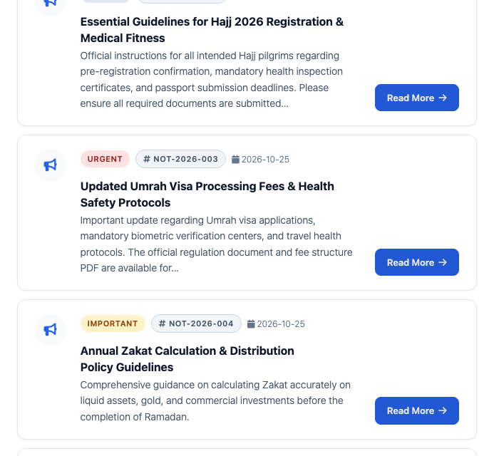 noticeH list layout with search, filters, priority badges and reference numbers